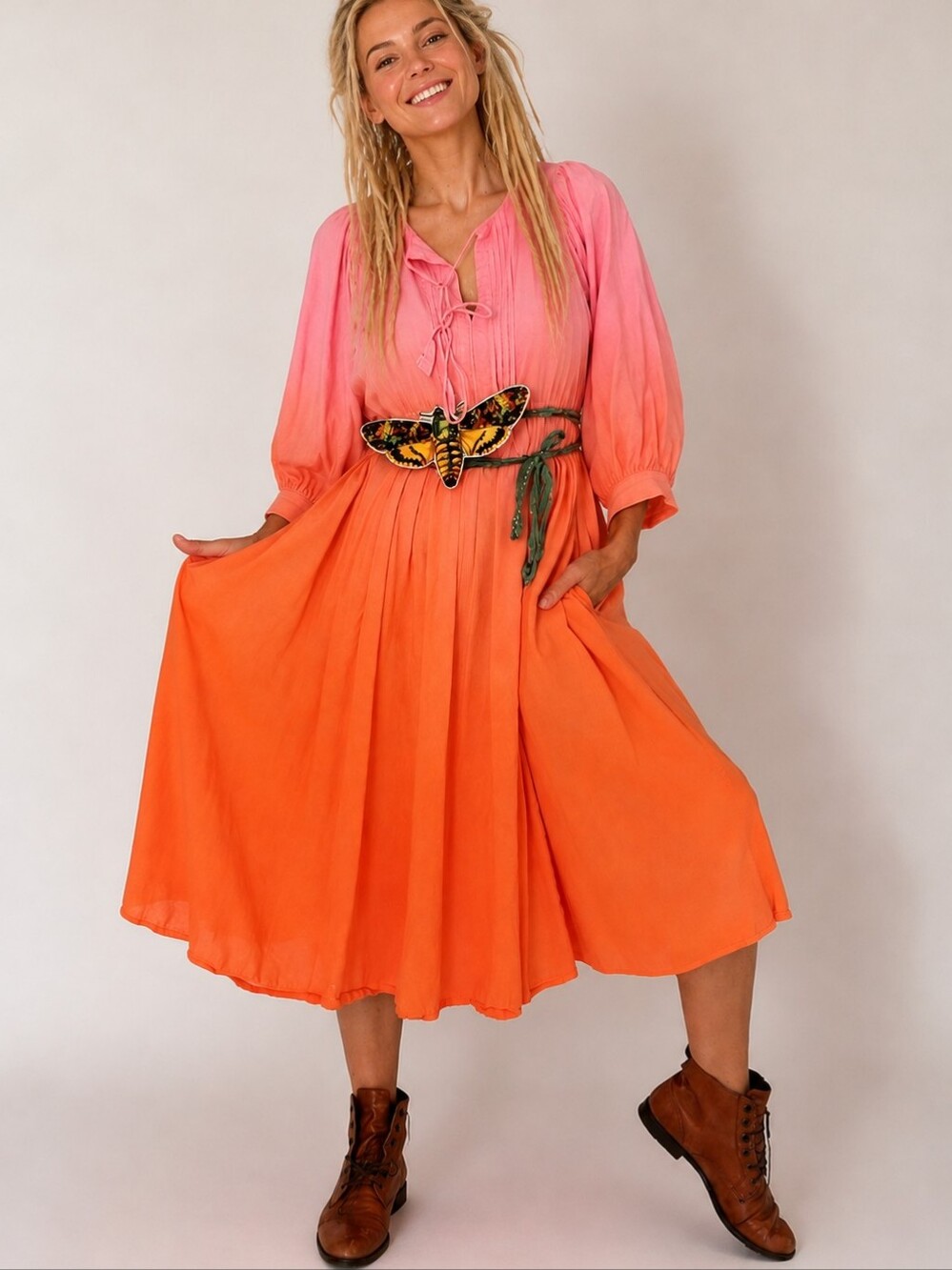Designer Dress Upcycled Ombré Pink Tangerine Shabby Chic Cottage Butterfly Jabot